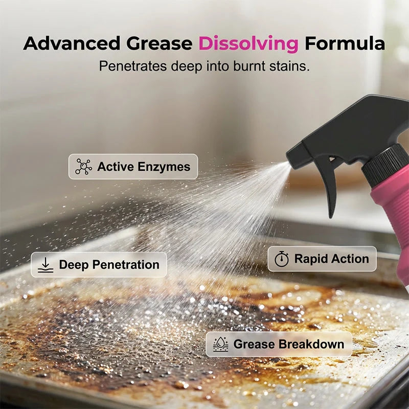 Degreaser spray applied to a greasy cooking surface